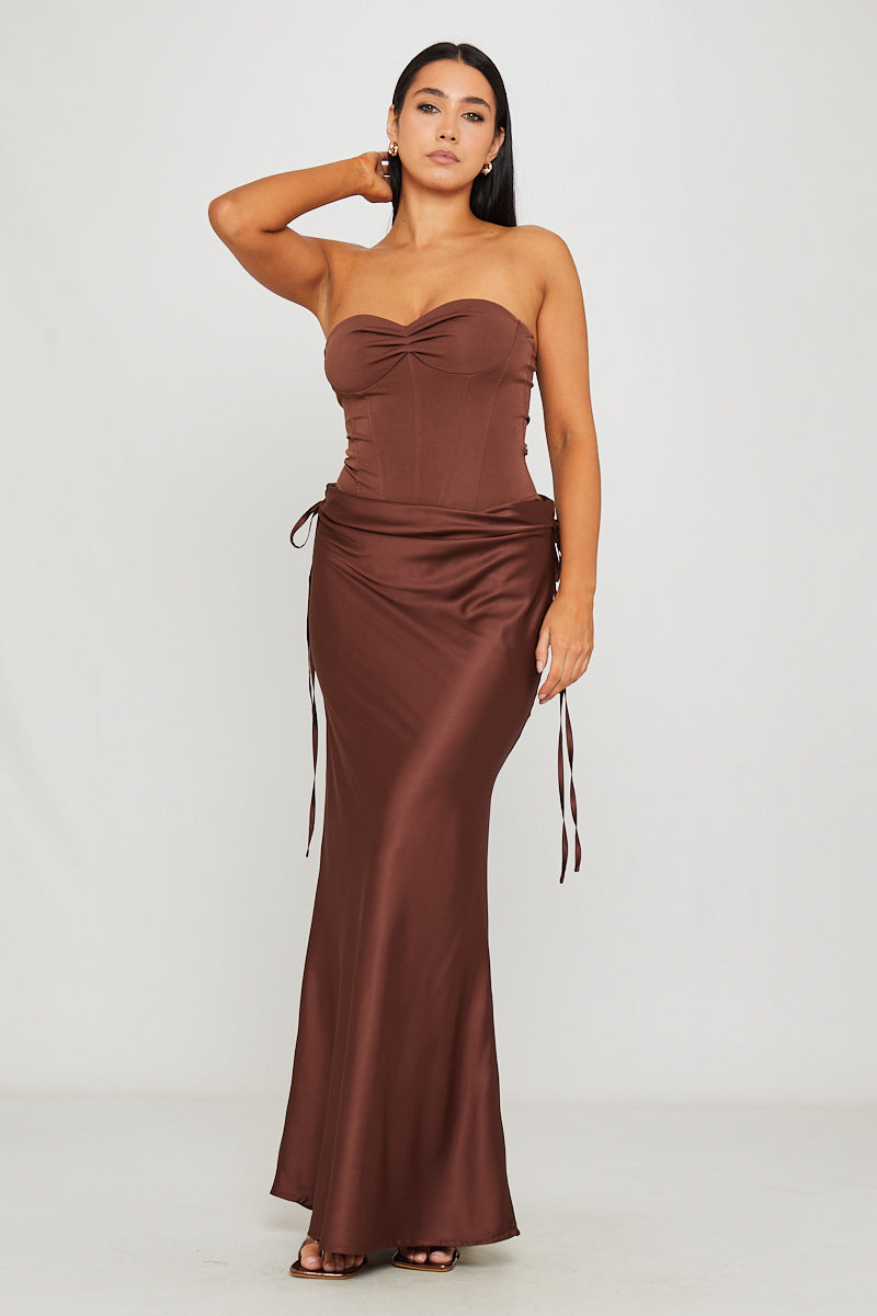 Women's Brown Strapless Corset Bodysuit with Draped Maxi Skirt Set