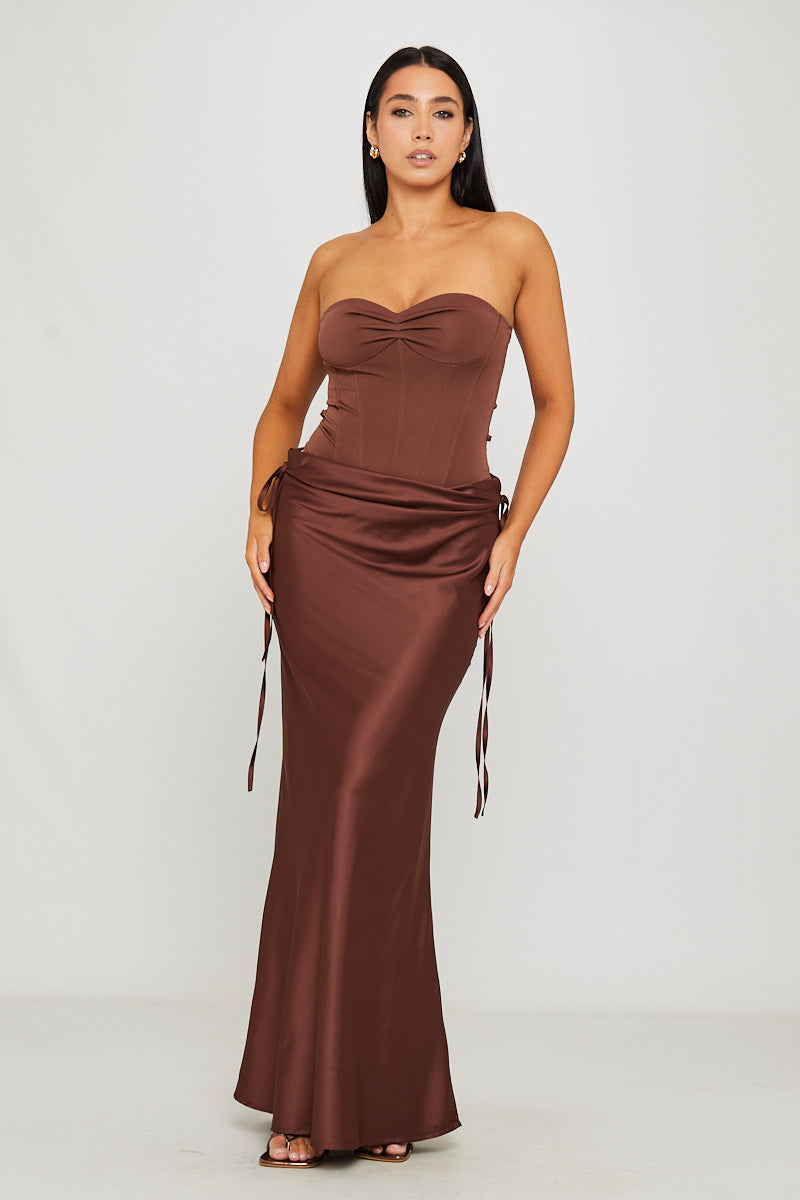 Women's Brown Strapless Corset Bodysuit with Draped Maxi Skirt Set