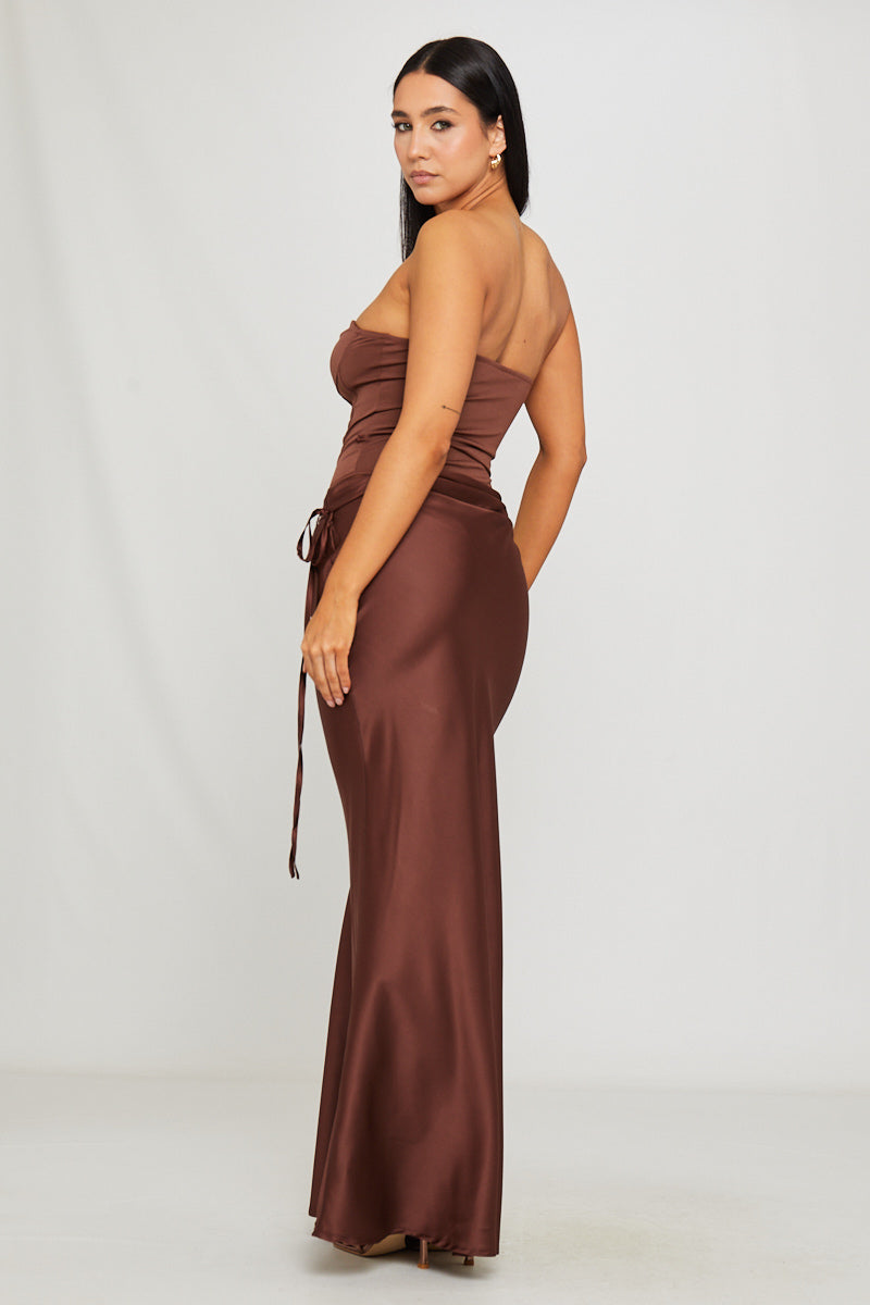 Women's Brown Strapless Corset Bodysuit with Draped Maxi Skirt Set