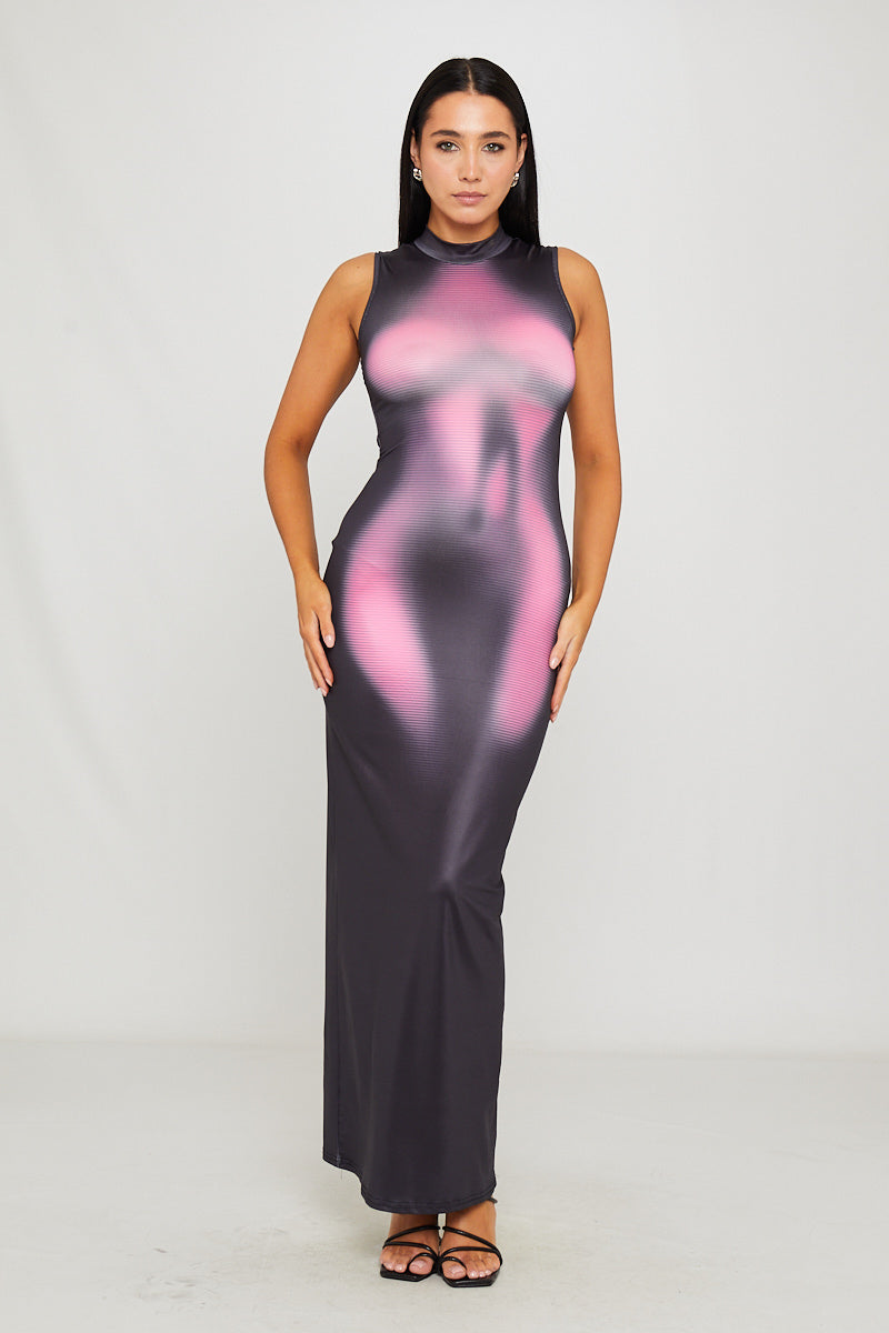 Women's Black High Neck Sleeveless Maxi Dress with Body Heat Print