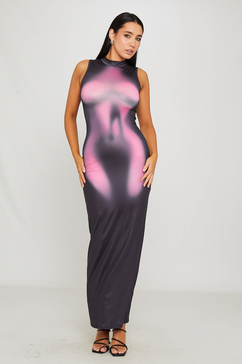 Women's Black High Neck Sleeveless Maxi Dress with Body Heat Print