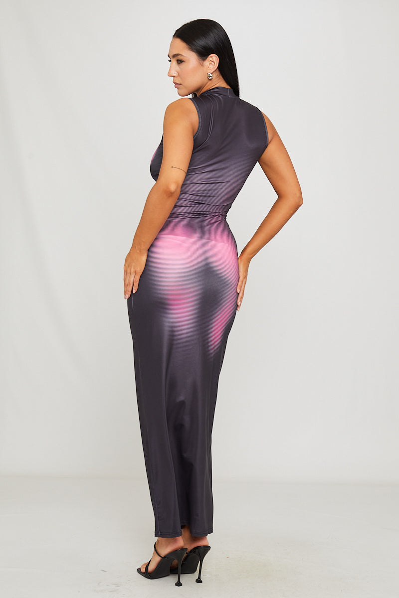 Women's Black High Neck Sleeveless Maxi Dress with Body Heat Print