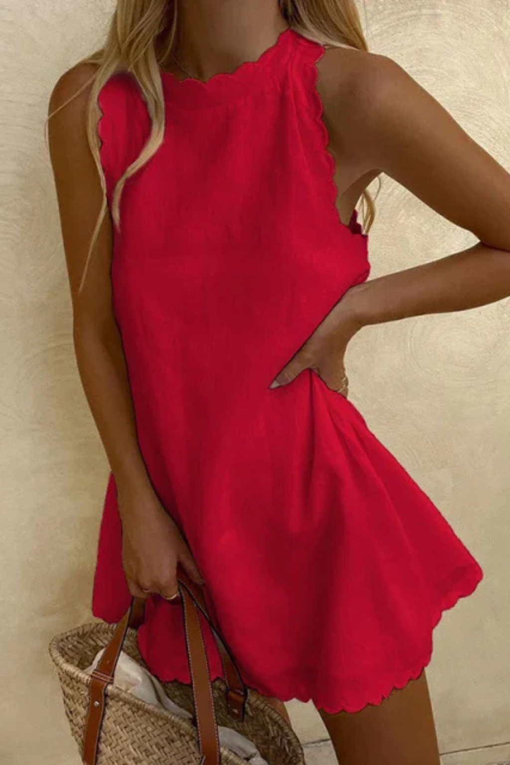 Women's Sleeveless Scallop Hem Cotton Mini Dress - Summer Casual