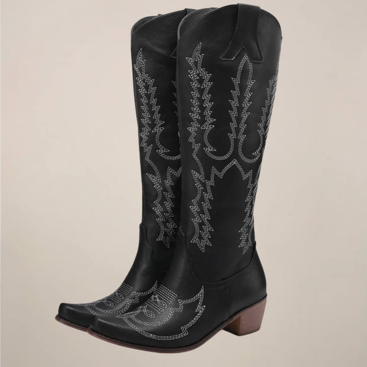 Women's Embroidered Knee-High Boots - Block Heel