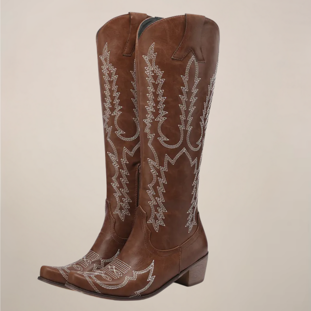 Women's Embroidered Knee-High Boots - Block Heel