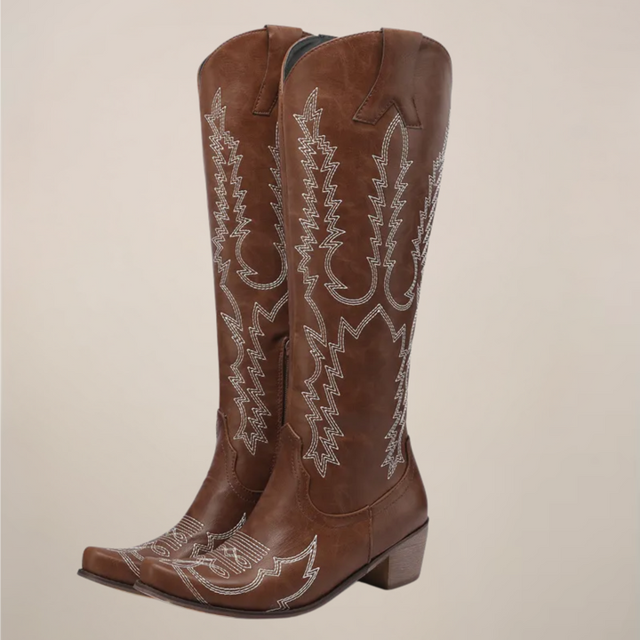 Women's Embroidered Knee-High Boots - Block Heel