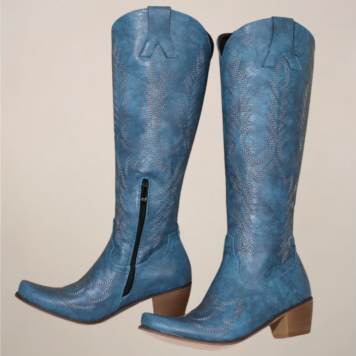 Women's Embroidered Knee-High Boots - Block Heel
