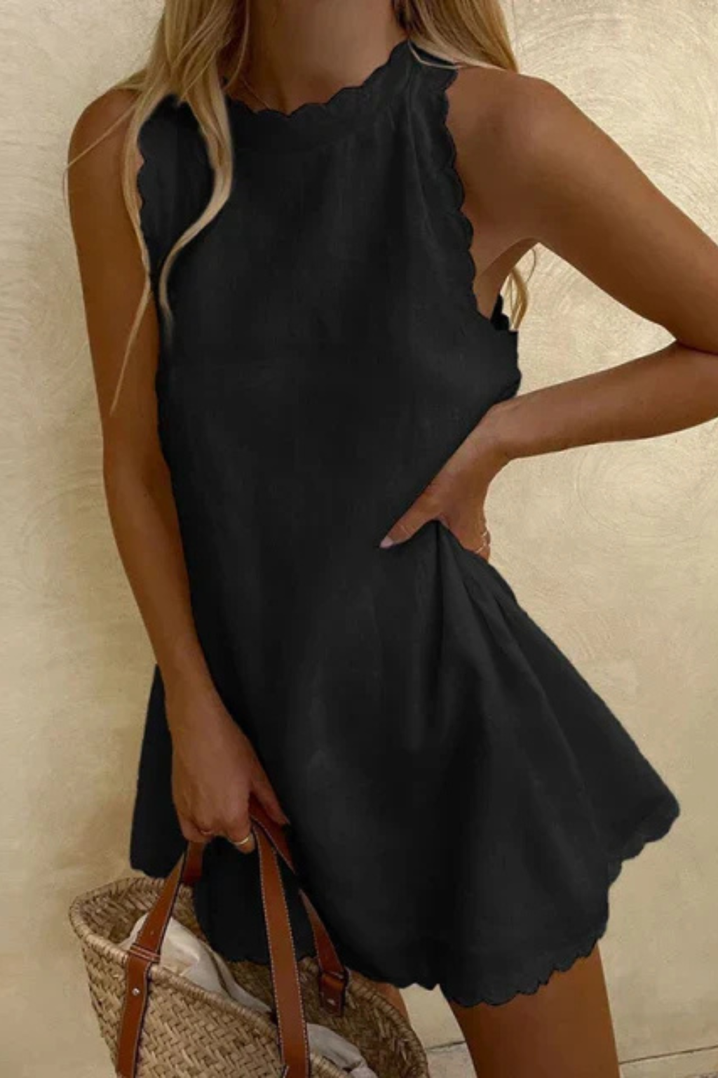 Women's Sleeveless Scallop Hem Cotton Mini Dress - Summer Casual