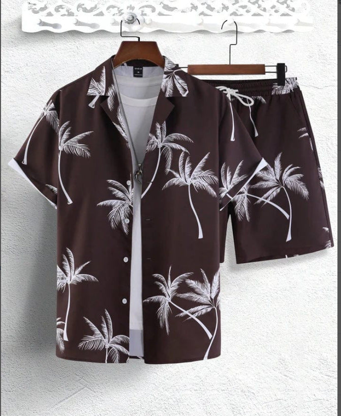 Men's Palm Print Shirt and Shorts Set - Summer Casual