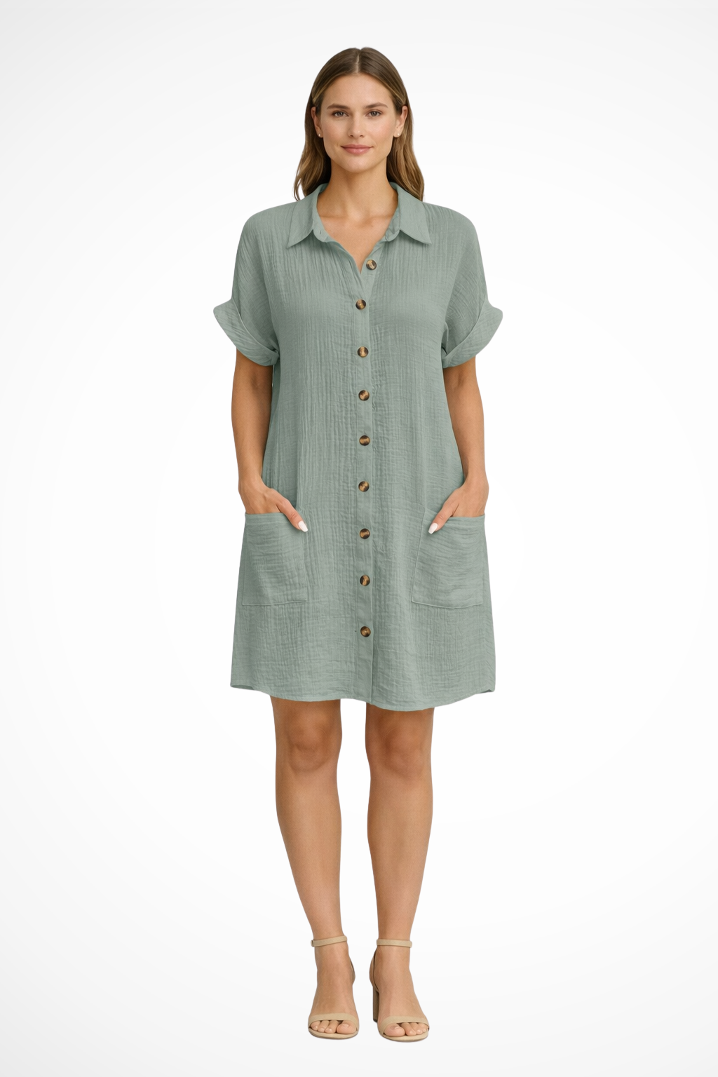 Women's Casual Button Front Cotton Mini Dress - Summer Beach