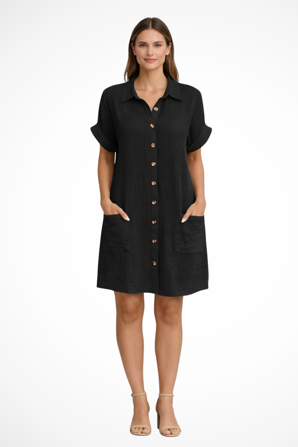 Women's Casual Button Front Cotton Mini Dress - Summer Beach