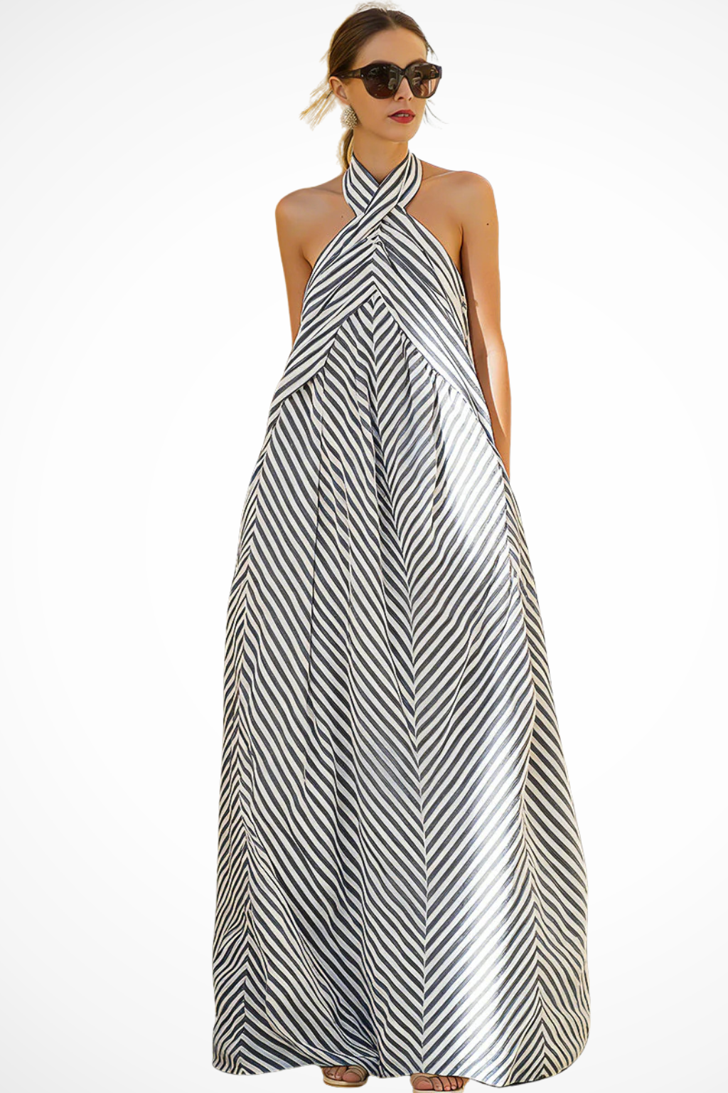 Women's Striped Halter Neck Chiffon Maxi Dress - Summer Beach