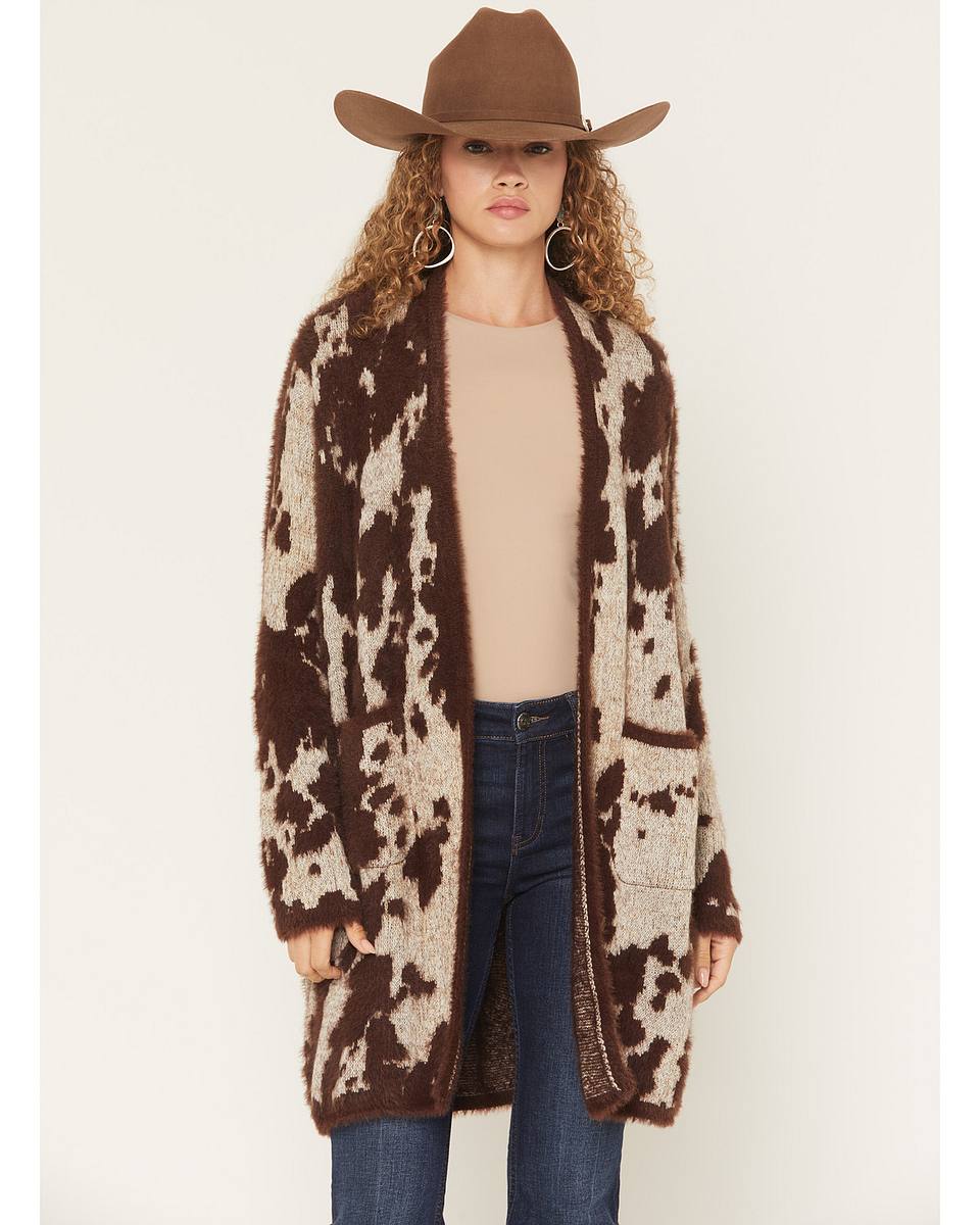 Women's Eyelash Knit Cow Print Cardigan