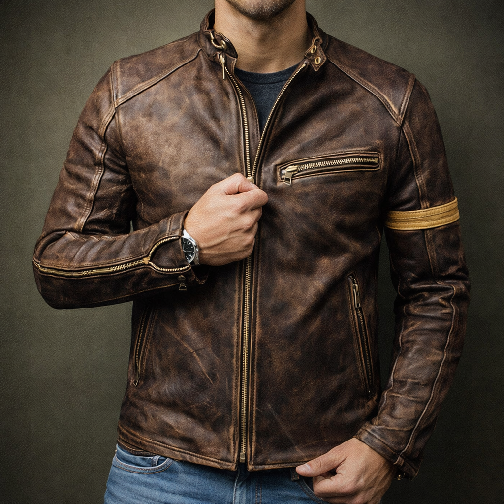 Men's Leather Jacket, Patina Finish, 4-Pocket Zip-Up
