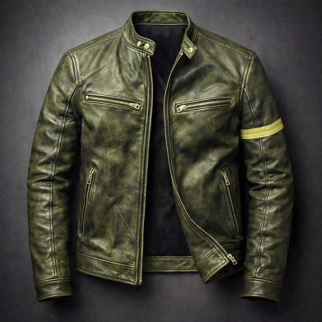 Men's Leather Jacket, Patina Finish, 4-Pocket Zip-Up