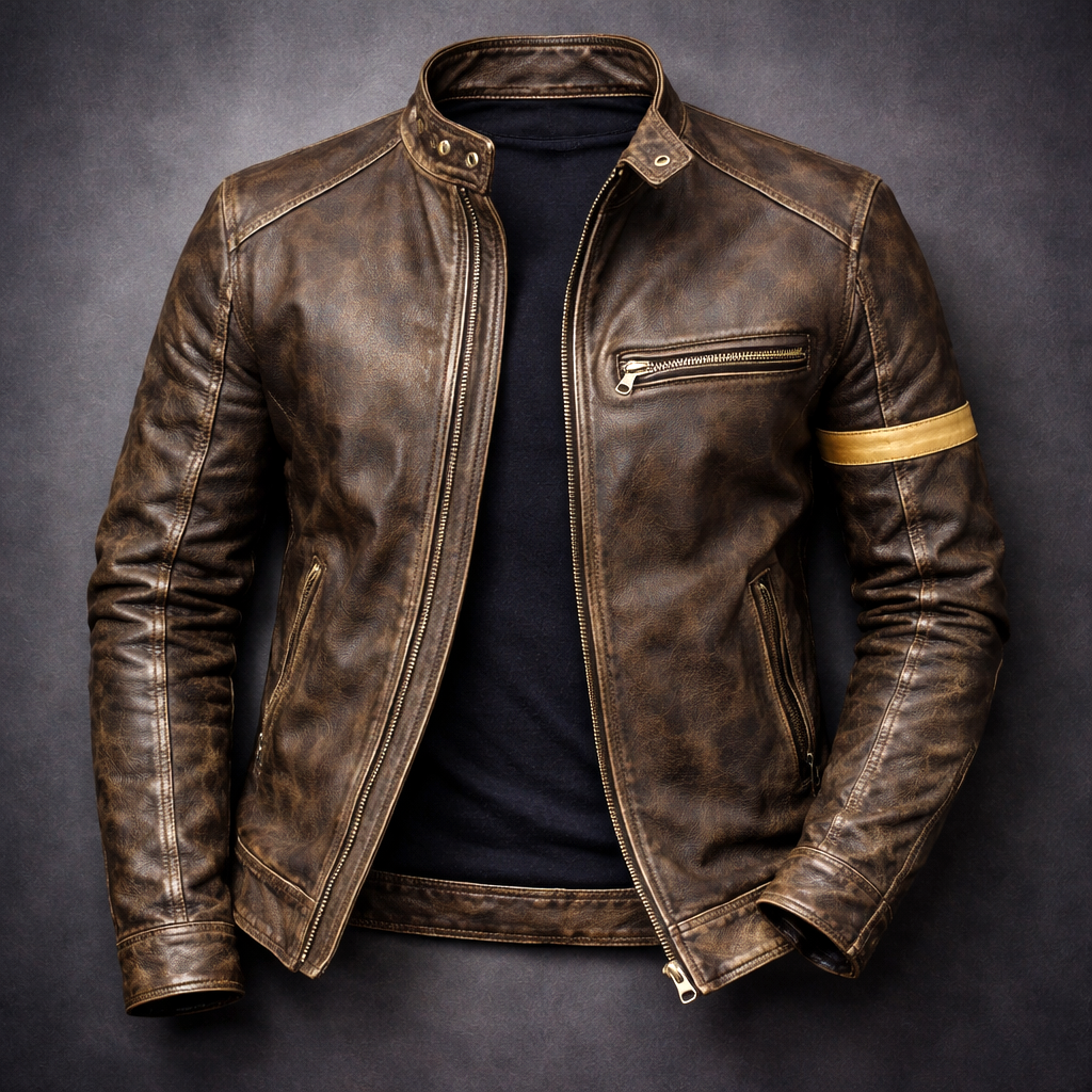 Men's Leather Jacket, Patina Finish, 4-Pocket Zip-Up