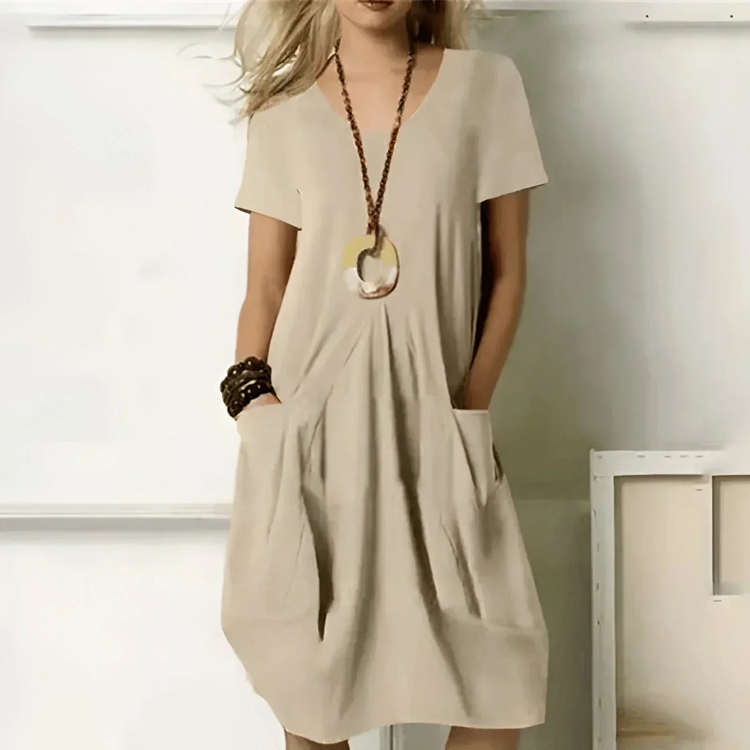 Emily | Women's Midi Dress, Fitted with Short Sleeves