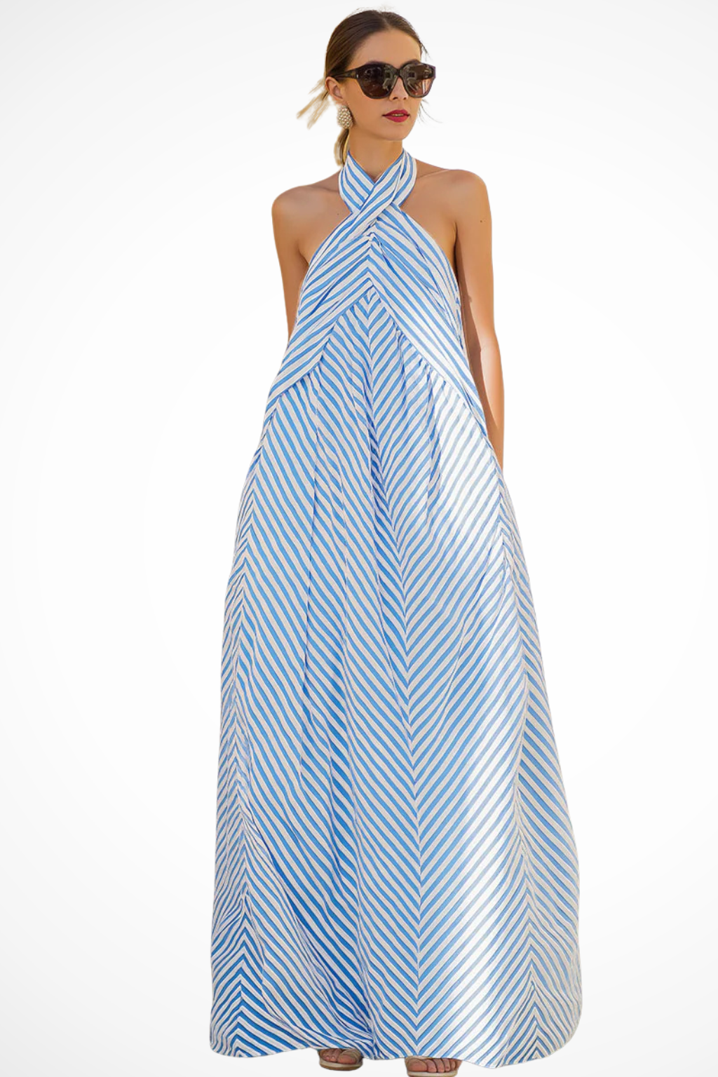 Women's Striped Halter Neck Chiffon Maxi Dress - Summer Beach