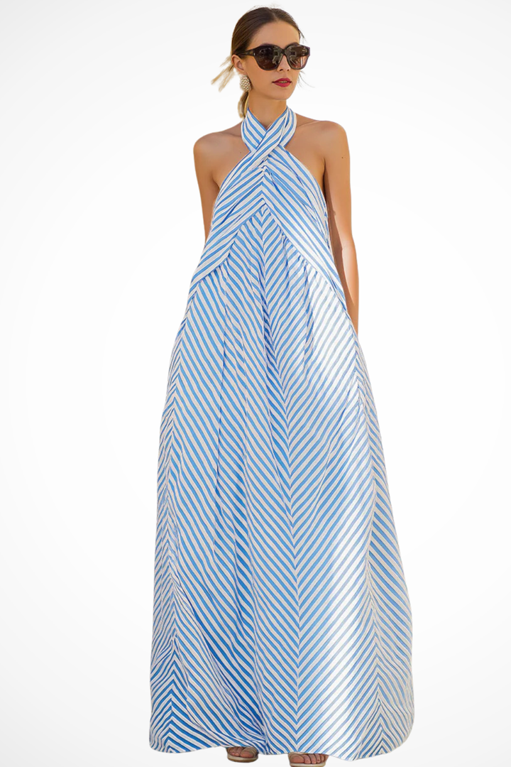 Women's Striped Halter Neck Chiffon Maxi Dress - Summer Beach