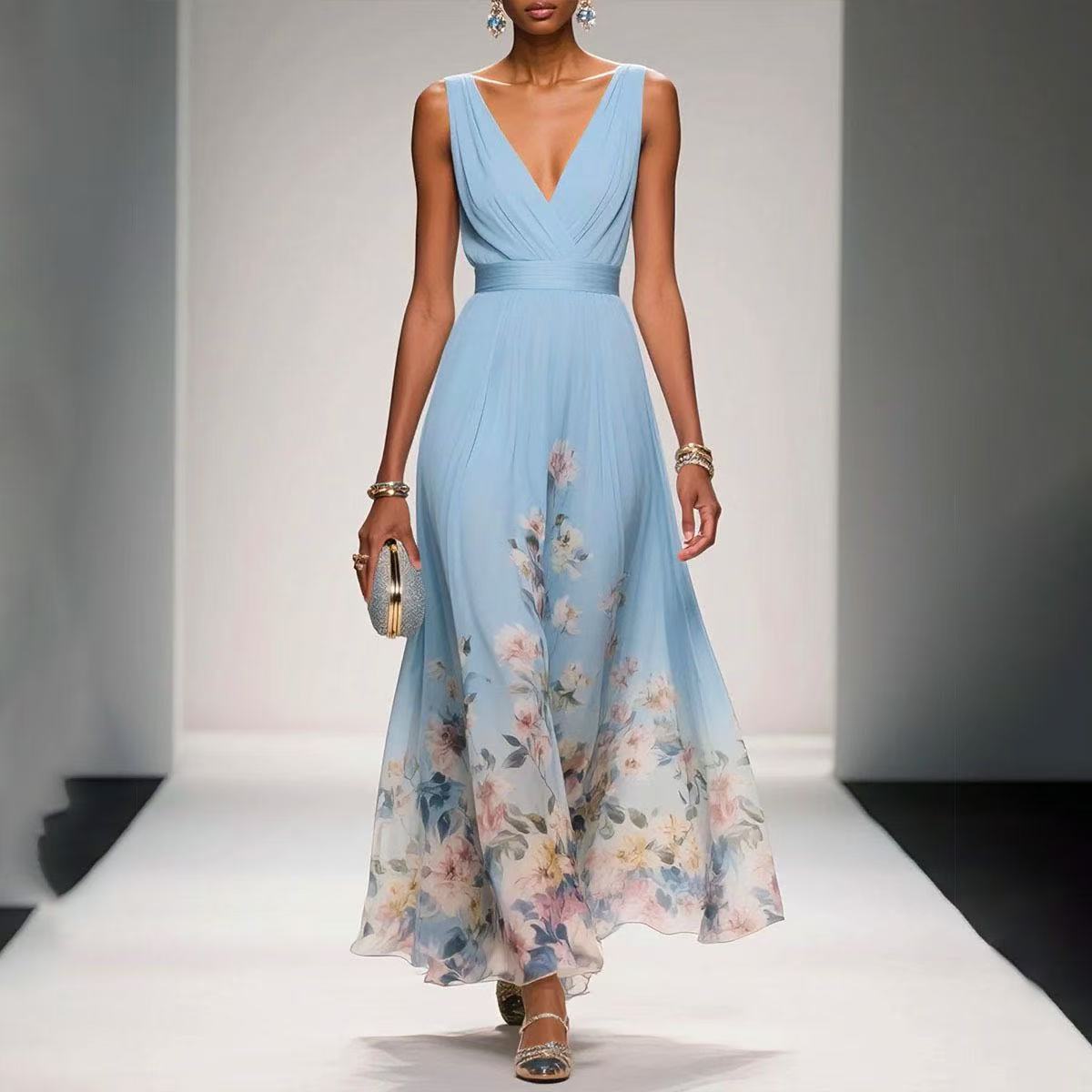 Women's Floral Print Chiffon Maxi Dress - Summer Vacation