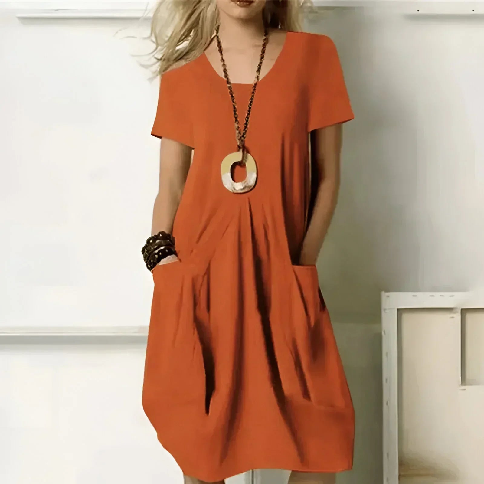 Emily | Women's Midi Dress, Fitted with Short Sleeves