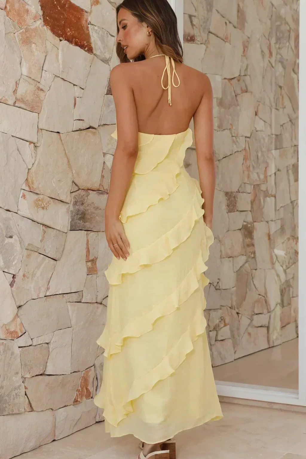 Women's Halter Neck Ruffle Chiffon Maxi Dress - Summer Beach