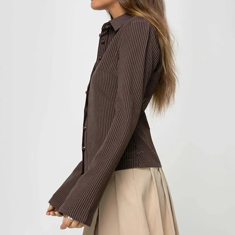 Women's Ribbed Stripe Blouse - Long Sleeve Relaxed Fit