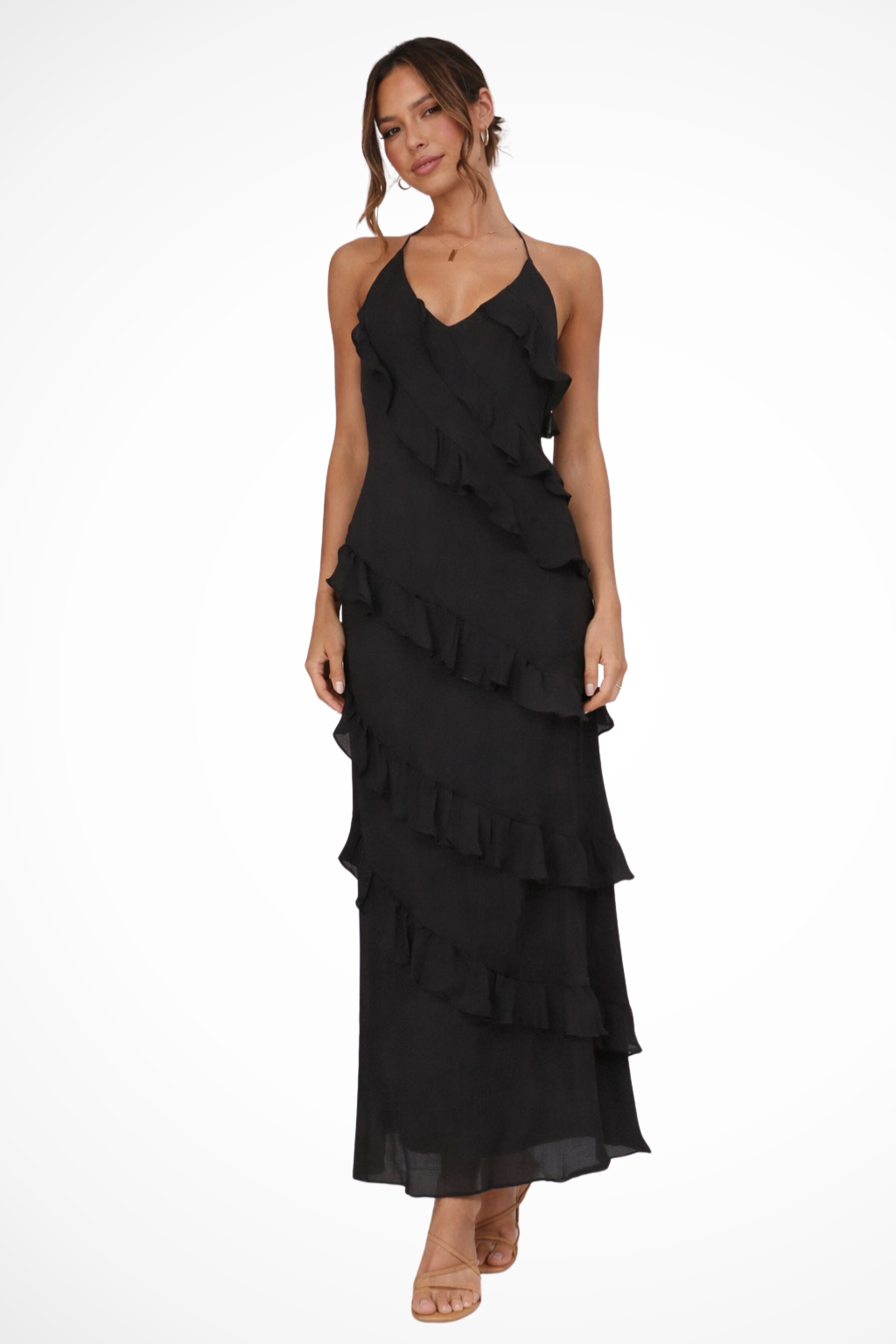 Women's Halter Neck Ruffle Chiffon Maxi Dress - Summer Beach