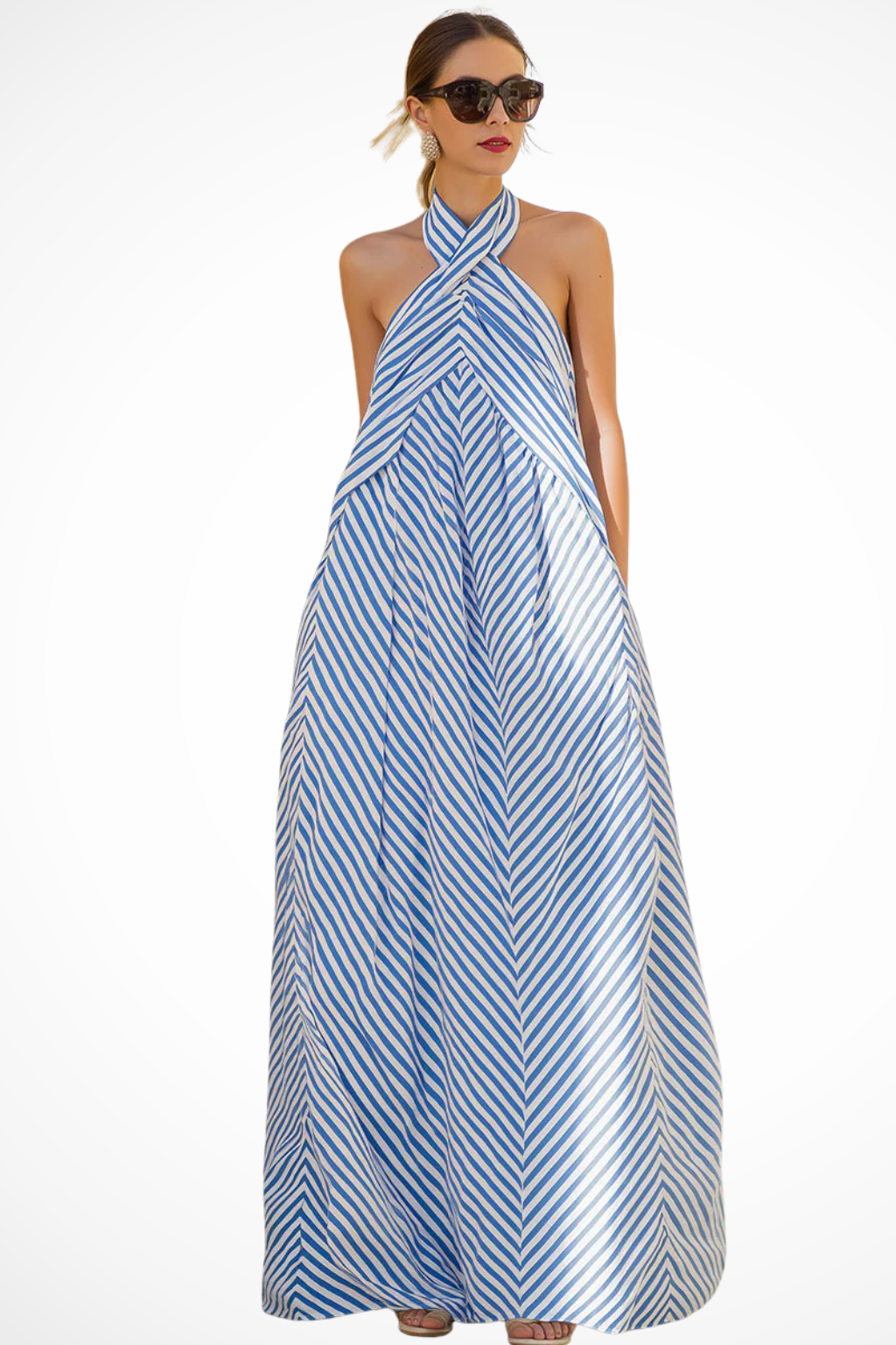 Women's Striped Halter Neck Chiffon Maxi Dress - Summer Beach