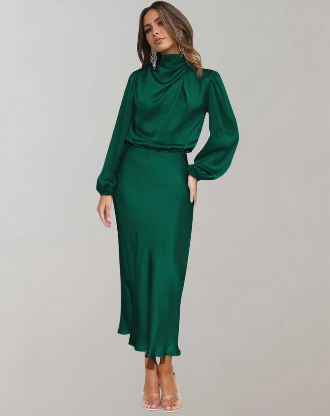 Emily | Women's Satin Long Sleeve Midi Dress