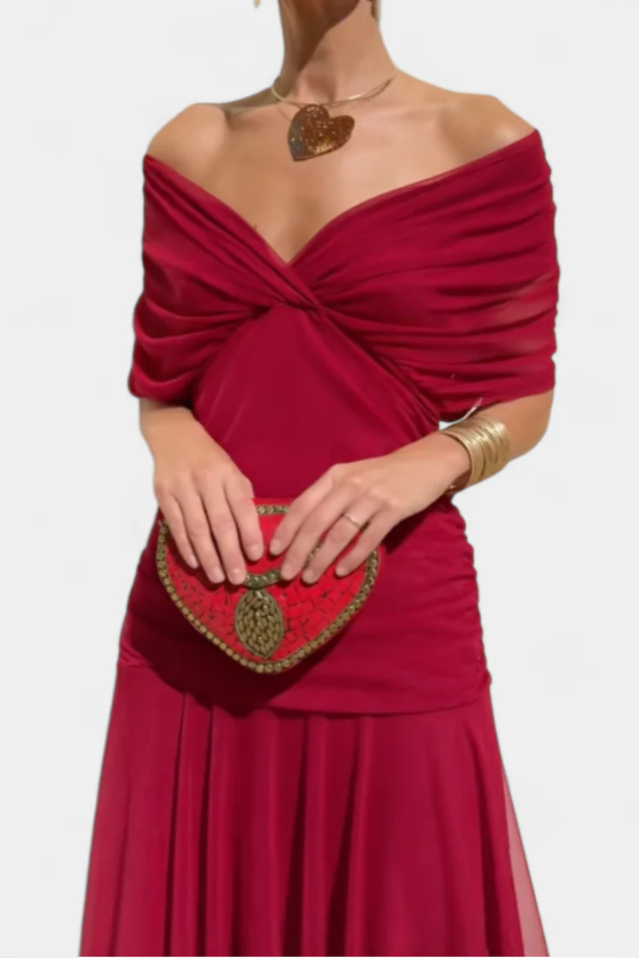 Women's Elegant Off-Shoulder Pleated Maxi Dress - Summer