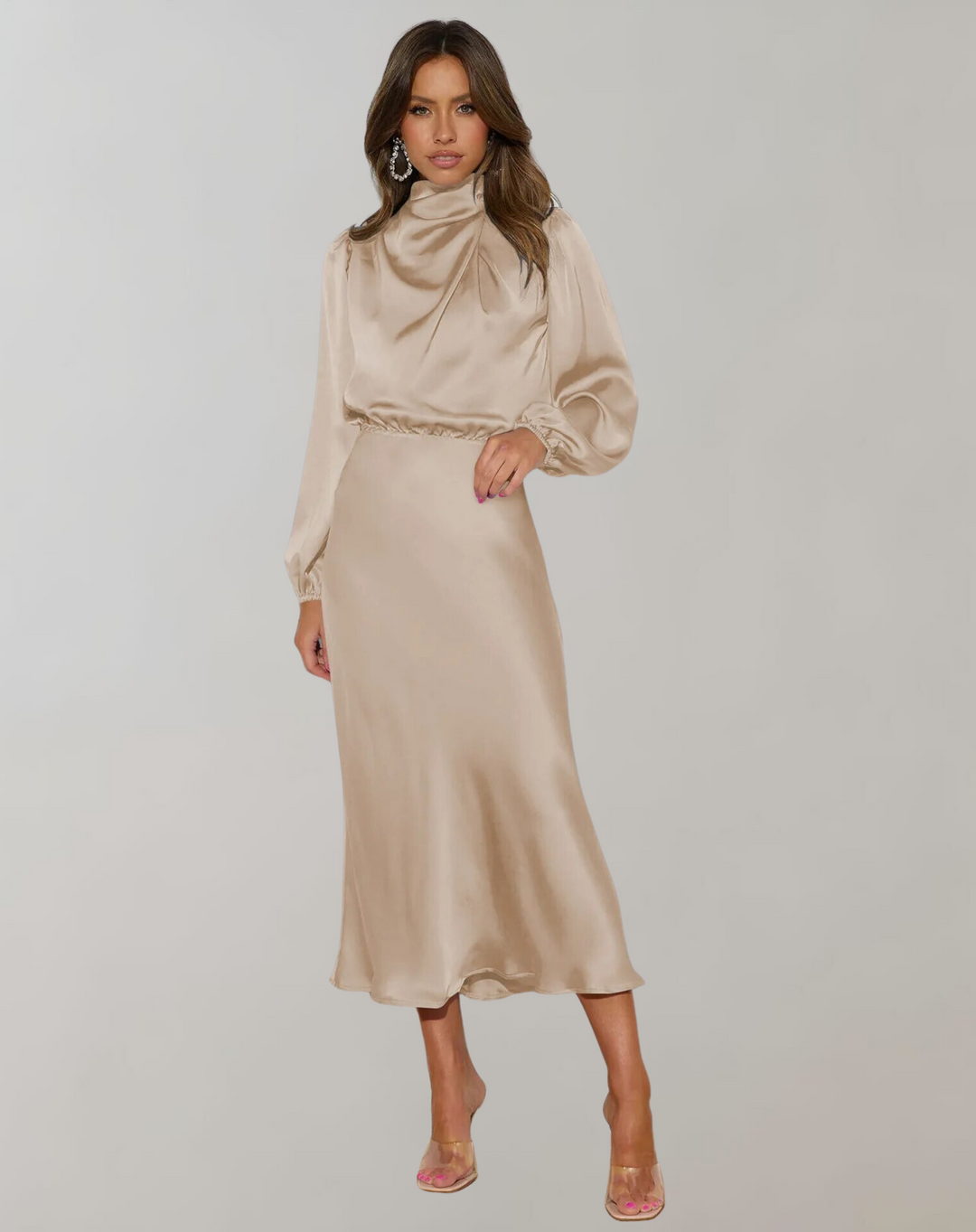 Emily | Women's Satin Long Sleeve Midi Dress