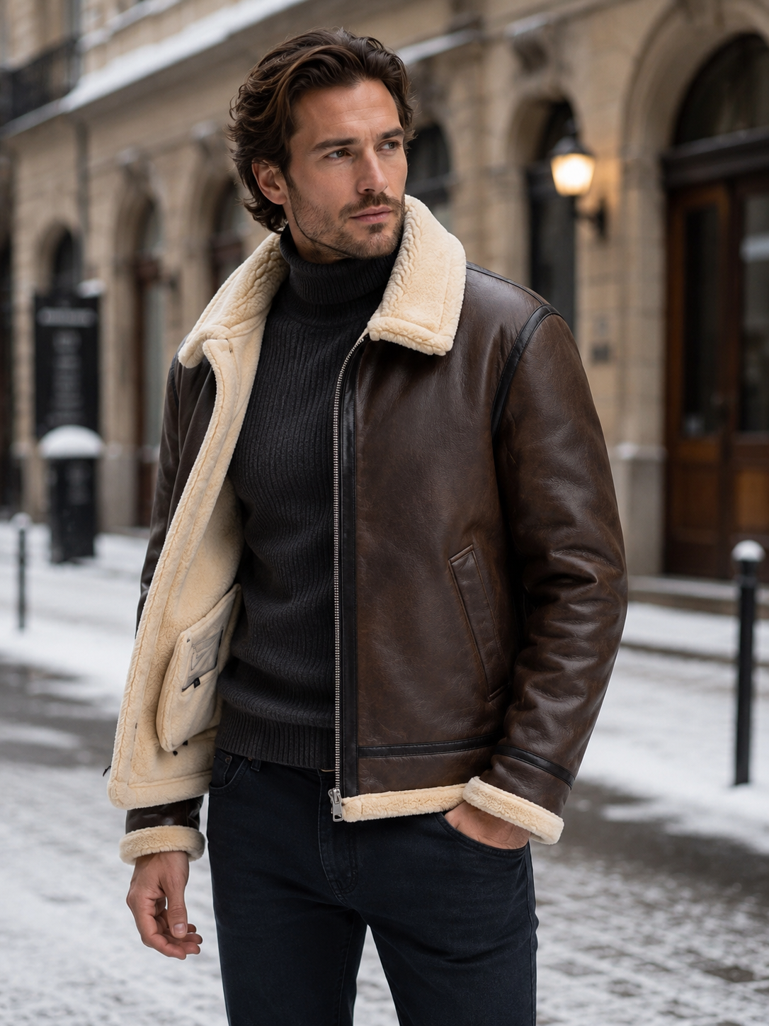 Men's Faux Leather Shearling Aviator Jacket