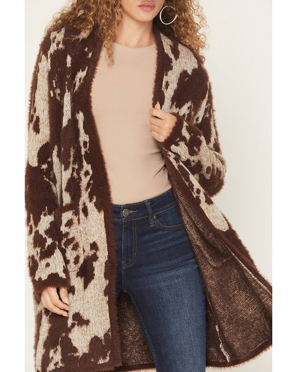 Women's Eyelash Knit Cow Print Cardigan