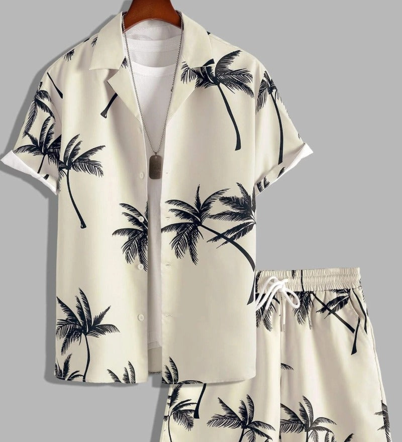 Men's Palm Print Shirt and Shorts Set - Summer Casual