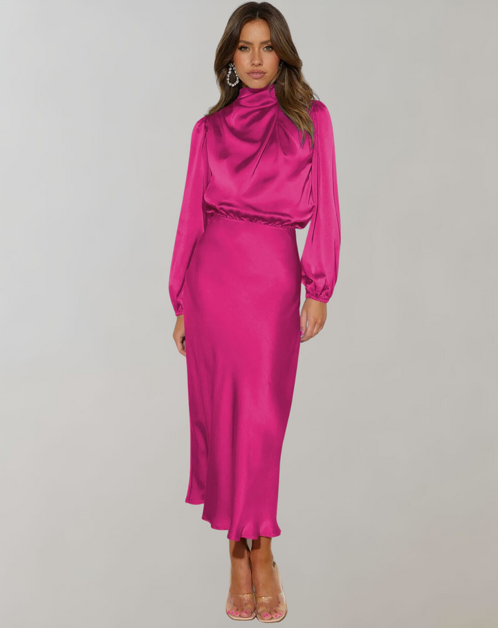 Emily | Women's Satin Long Sleeve Midi Dress