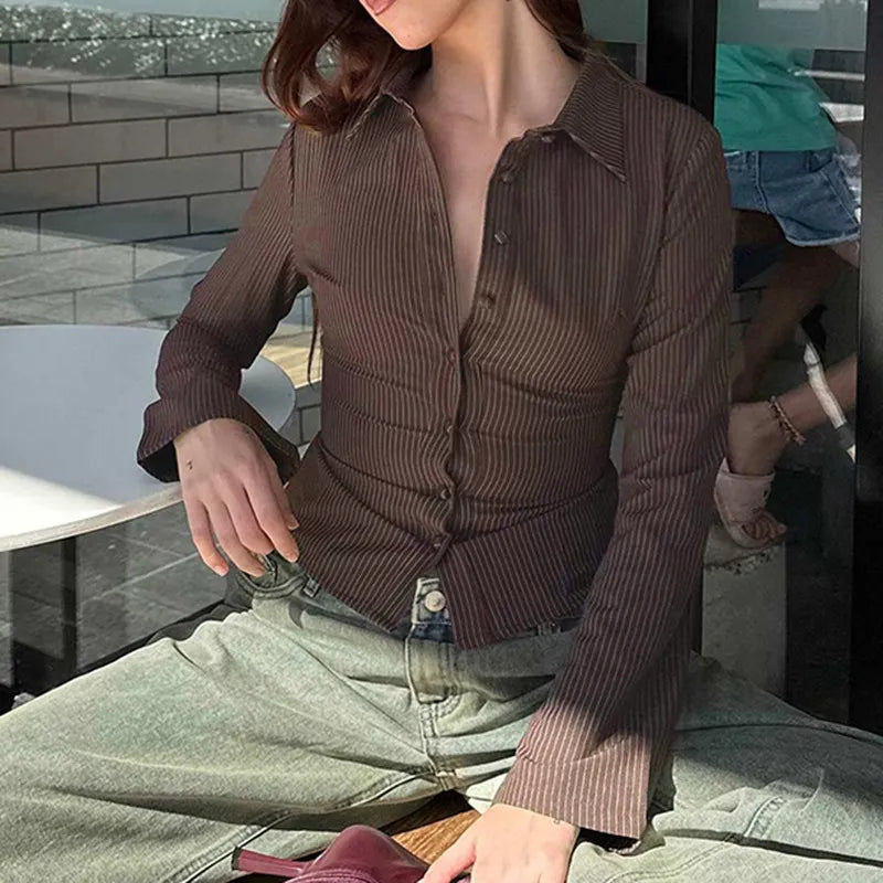 Women's Ribbed Stripe Blouse - Long Sleeve Relaxed Fit