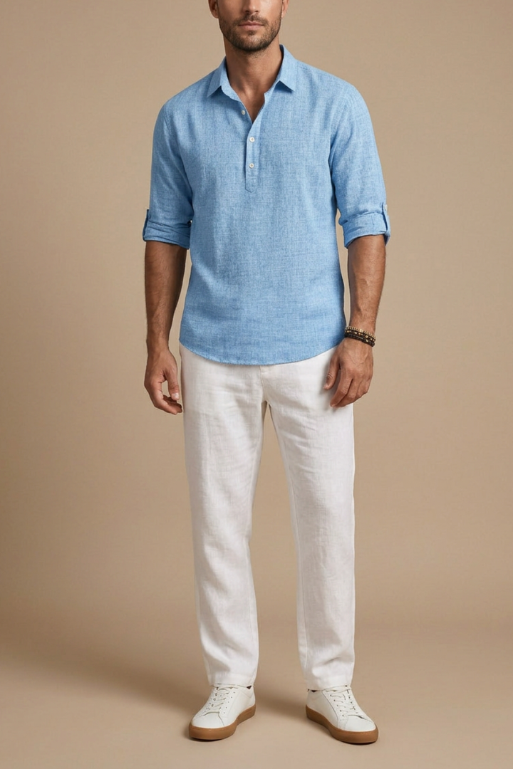 Men's Solid Linen Polo Shirt - Relaxed Fit Summer Casual
