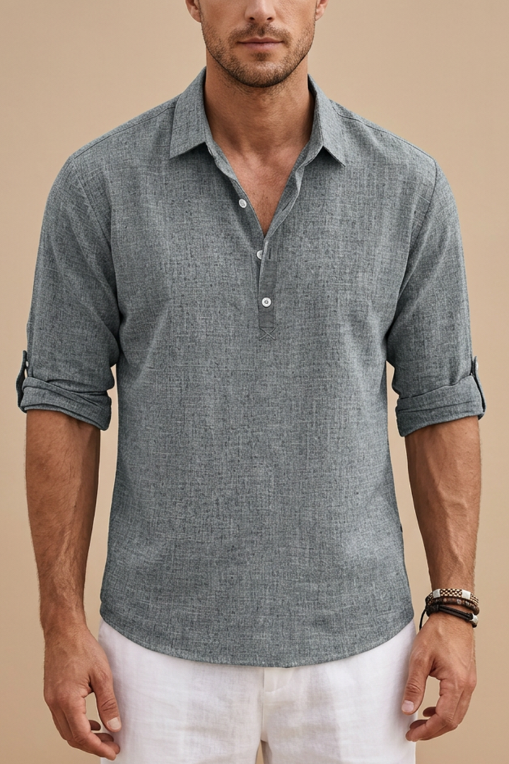 Men's Solid Linen Polo Shirt - Relaxed Fit Summer Casual