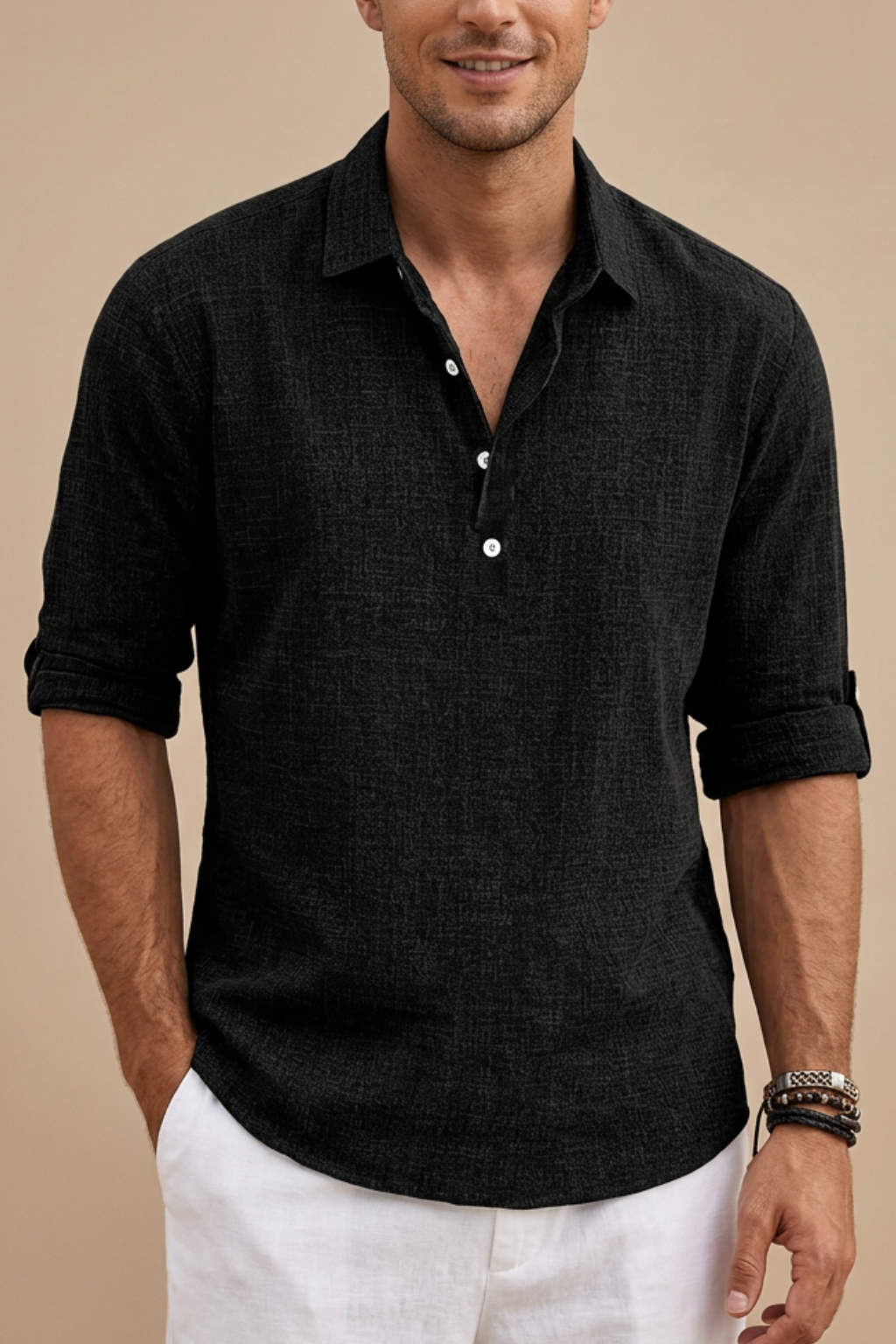 Men's Solid Linen Polo Shirt - Relaxed Fit Summer Casual