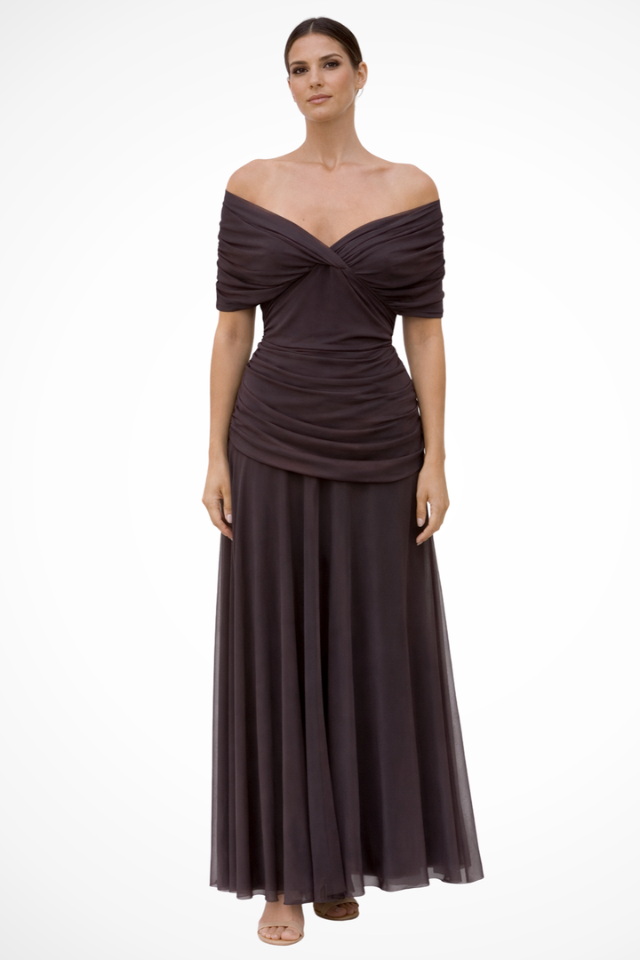 Women's Elegant Off-Shoulder Pleated Maxi Dress - Summer