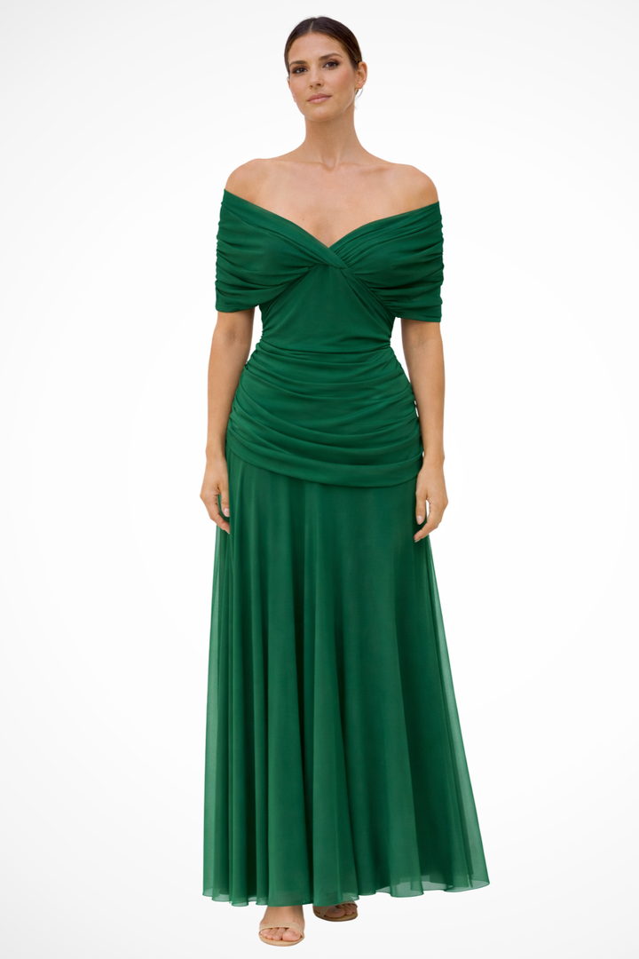 Women's Elegant Off-Shoulder Pleated Maxi Dress - Summer