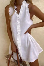 Women's Ruffle Trim V Neck Cotton Mini Dress - Summer Casual
