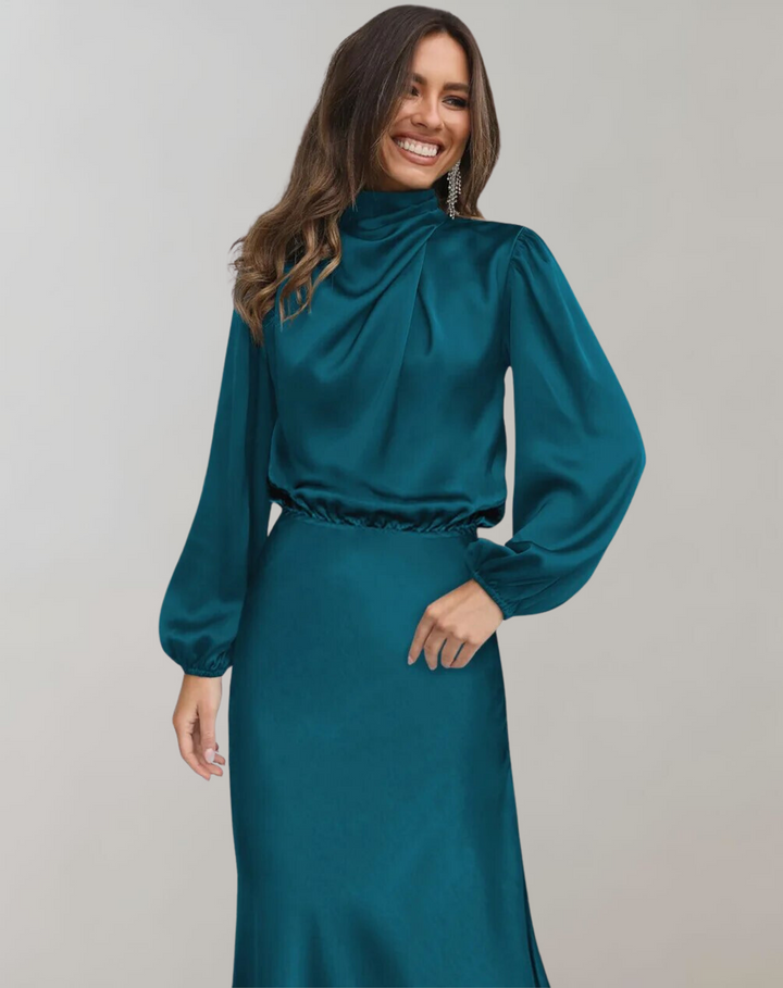 Emily | Women's Satin Long Sleeve Midi Dress