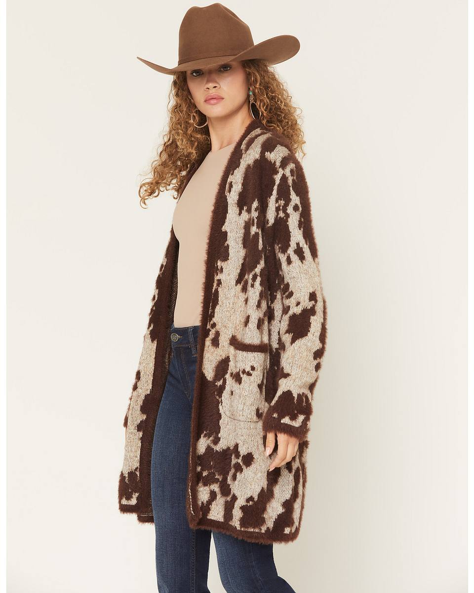Women's Eyelash Knit Cow Print Cardigan