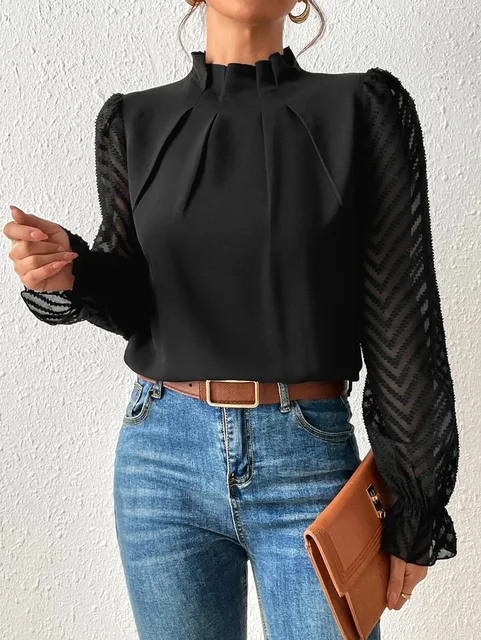 Women's Sheer Pleated Blouse - Casual Summer