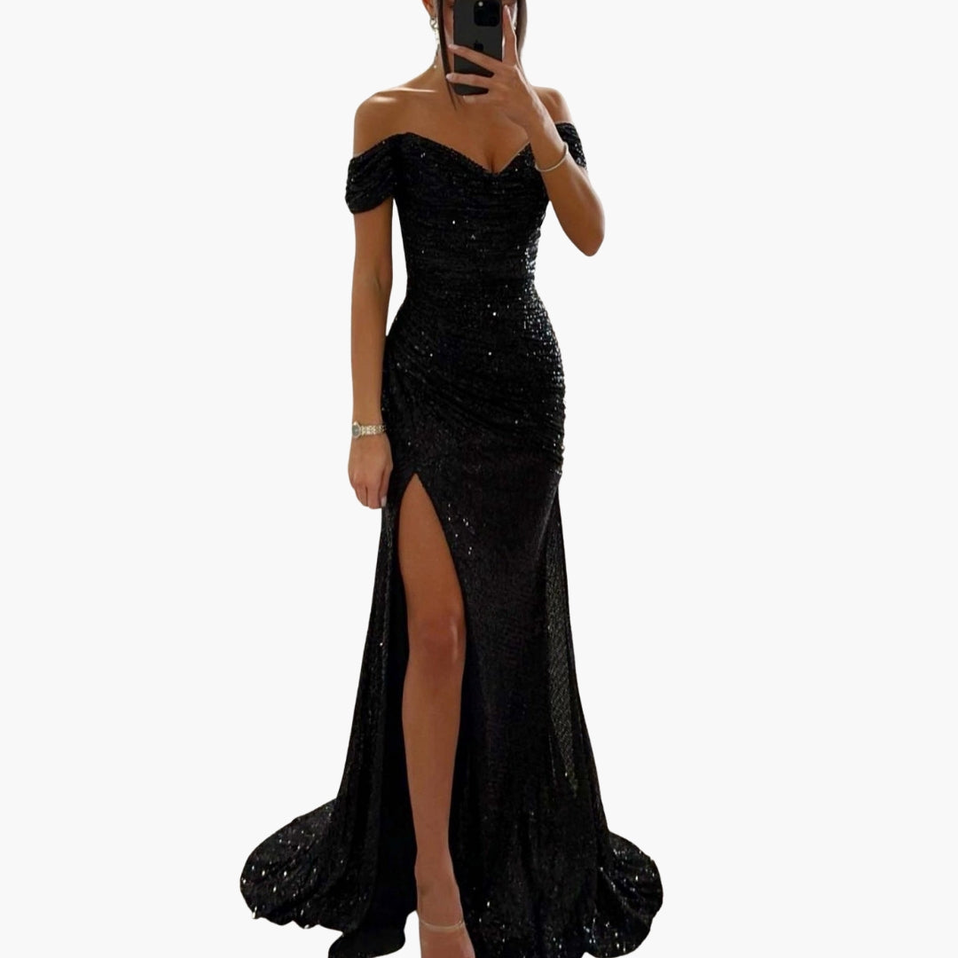 Women's Off-Shoulder Sequin Maxi Dress - Evening Glam
