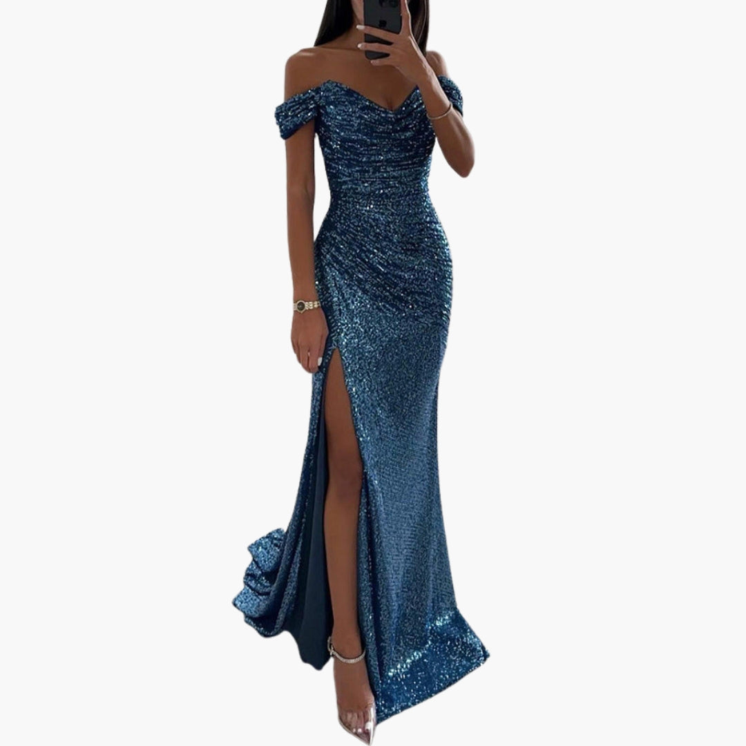 Women's Off-Shoulder Sequin Maxi Dress - Evening Glam
