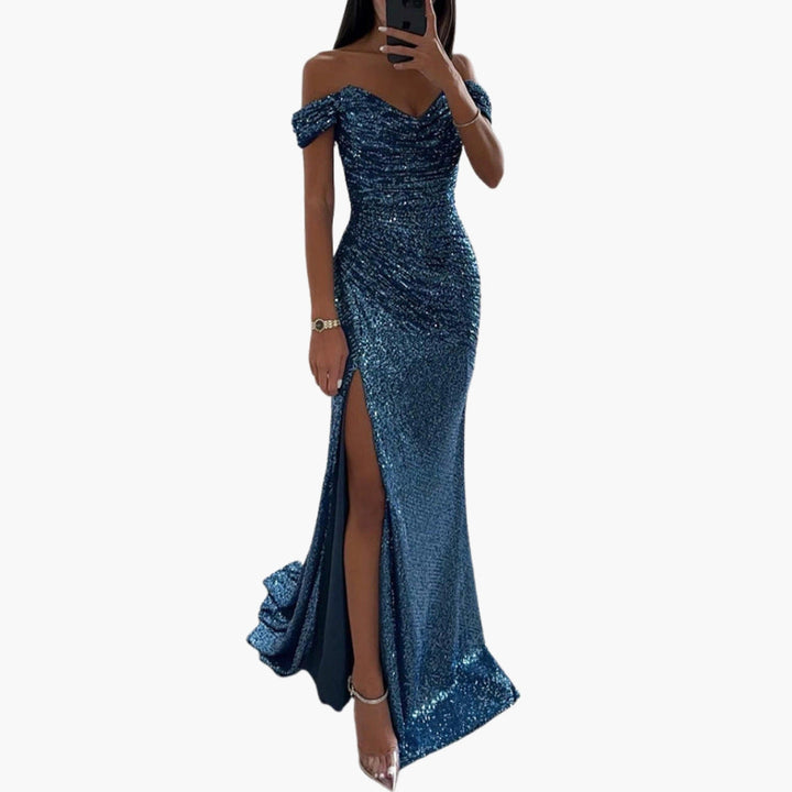 Women's Off-Shoulder Sequin Maxi Dress - Evening Glam