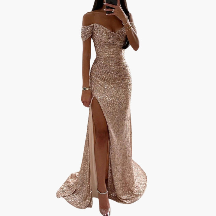 Women's Off-Shoulder Sequin Maxi Dress - Evening Glam